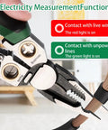 Close-up of 8 In 1 Wire Stripping And Cutting Tool With Voltage Tester Dual Alarm Needle Nose Pliers showing contact indicators.
