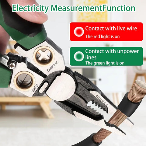 Close-up of 8 In 1 Wire Stripping And Cutting Tool With Voltage Tester Dual Alarm Needle Nose Pliers showing contact indicators.