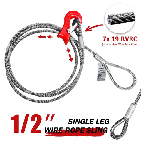 Single Leg Wire Rope Sling 2.5 Ton Vertical Rating, 0.5 Inch Diameter, 8.2 Foot Length, Flemish Eye Loop Turnback With Thimble