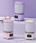 Game Changing Portable Mini Washing Machine Cordless Compact Laundry Spin Dryer Travel Ready in pink and purple colors.