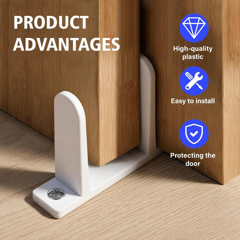 4 Pack Universal Sliding Door Bottom Guide In White ABS Floor Track installed on wood cabinet showcasing high-quality plastic advantages.