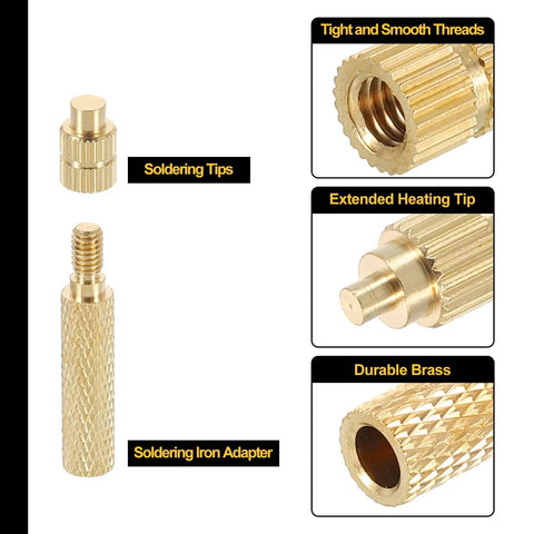 Heat Set Insert Tip Set For Threaded Inserts M2 To M8, 7 Brass Tips For Soldering Irons shown with detailed close-up views.