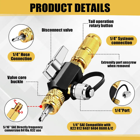 HVAC Vacuum Rated Valve Core Remover And Installer Tool Set With Dual Size Wrenches And Hex Bit Adapters For Refrigeration Repair Includes 1/4 In 3/16 In 5/16 In 3/8 In Heads Valve Cores And Brass Nuts, 1/4 inch hose and system connections