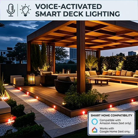 Outdoor setting showing 20 Pack WiFi RGBW Deck Light Kit With Remote, Voice Control, Alexa and Google Assistant, highlighting path lights.