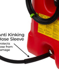 Image shows hose sleeve of Duramax Flo N Go 14 Gallon Gas Caddy On Wheels With 10 Foot Hose And Portable Fuel Tank Transfer Pump For Lawn Mowers Farm Marine And Home Use Gasoline Only Red 2024 Version.