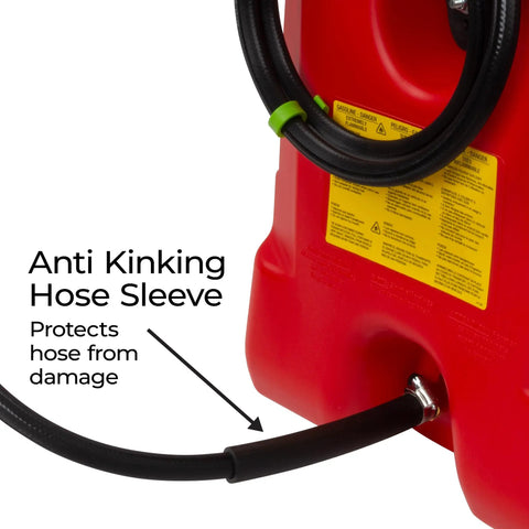 Image shows hose sleeve of Duramax Flo N Go 14 Gallon Gas Caddy On Wheels With 10 Foot Hose And Portable Fuel Tank Transfer Pump For Lawn Mowers Farm Marine And Home Use Gasoline Only Red 2024 Version.