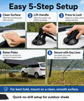 Portable Car Side Awning 210D Blackout Oxford Canopy Shelter quick suction cup setup instructional image with setup steps.
