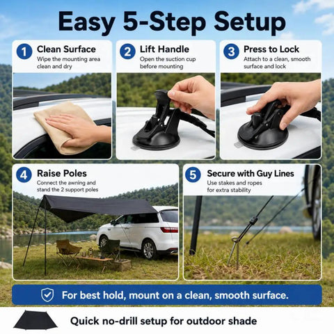 Portable Car Side Awning 210D Blackout Oxford Canopy Shelter quick suction cup setup instructional image with setup steps.