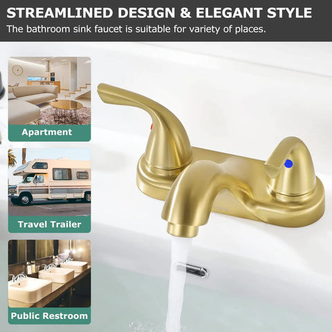Two-Handle Bathroom Sink Faucet in Brushed Gold with Metal Push and Seal Pop-Up Drain, Installed in Modern Sink