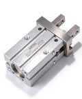 Parallel Style Pneumatic Gripper Claw With Guide Track Ball Bearing Mini Finger Air Cylinder Double Acting 16mm Bore HFZ16 shown in metal design