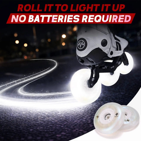 Close-up of lit up inline skate wheels 76Mm 80Mm 90A Pearl Luminescent Roller Blade Wheels for indoor outdoor use glowing on pavement.