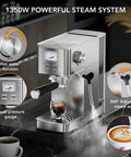 Premium Compact Espresso Maker With 20 Bar Italian Pump And Hella Smooth Milk Frother With Visual Pressure Gauge on a kitchen countertop.