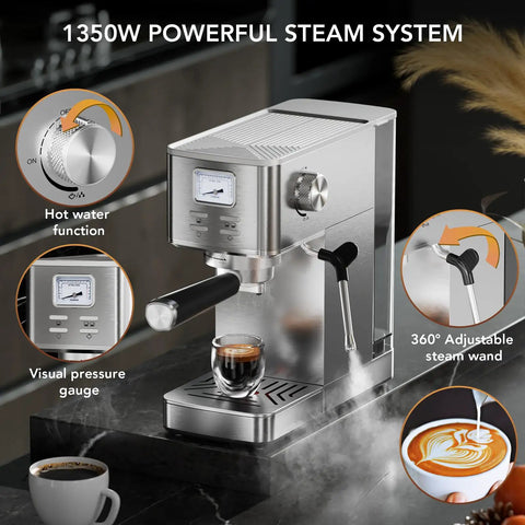 Premium Compact Espresso Maker With 20 Bar Italian Pump And Hella Smooth Milk Frother With Visual Pressure Gauge on a kitchen countertop.