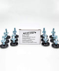 Adjustable Furniture Leg Levelers With High Density Felt Pads To Squash Wobbles And Shield Floors 5/16 Inch Thread 1.5 Base 12 Pack positioned around a product box.