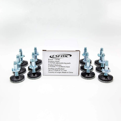 Adjustable Furniture Leg Levelers With High Density Felt Pads To Squash Wobbles And Shield Floors 5/16 Inch Thread 1.5 Base 12 Pack positioned around a product box.