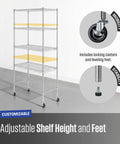 5 Tier Heavy Duty Steel Wire Shelf On Wheels NSF Certified Utility Rack 18x36x72 Inches with locking casters and leveling feet