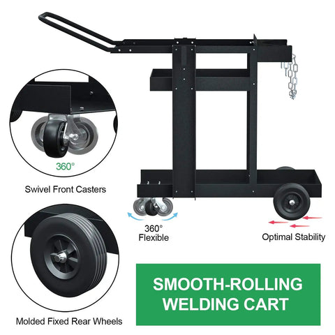 3 Tier Rolling Welding Cart For Mig Tig Arc Plasma Cutter Machines with rotating casters and secure rear wheels