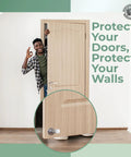 Man smiling with wooden door showing installed premium silicone door stopper tips crack resistant for soft close protection