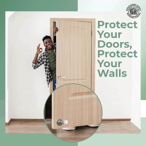 Man smiling with wooden door showing installed premium silicone door stopper tips crack resistant for soft close protection