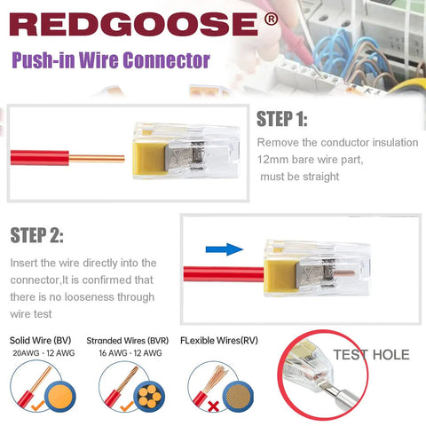 Step-by-step instructions for using push in wire connector 100 pack 20 12 AWG wire nuts splice terminals 2 port 50 pcs and 4 port 50 pcs