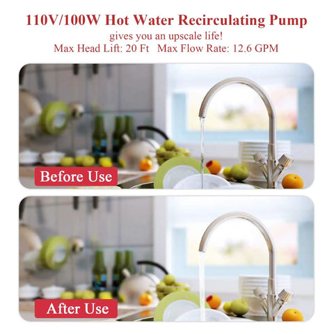 Heavy Duty 304 Stainless Steel Hot Water Recirculating Pump With Three Speed Settings And Full Copper Coil Before and After use, showcasing water flow.