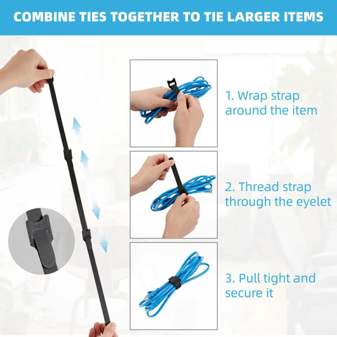 Instructions showing how to use self fastening reusable cable ties with hook and loop for cable management in home office data centers.
