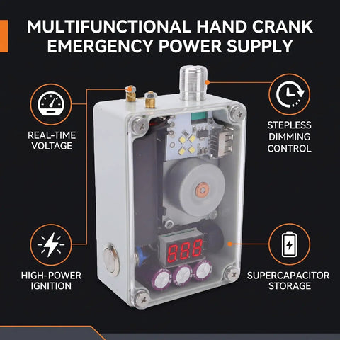 Hand Crank Generator 5-In-1 Survival Tool For Off-Grid Power, showcasing emergency power features in multifunctional box.