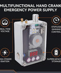 Image of a multifunctional hand crank generator with USB output and LED controls, showcasing supercapacitor storage.