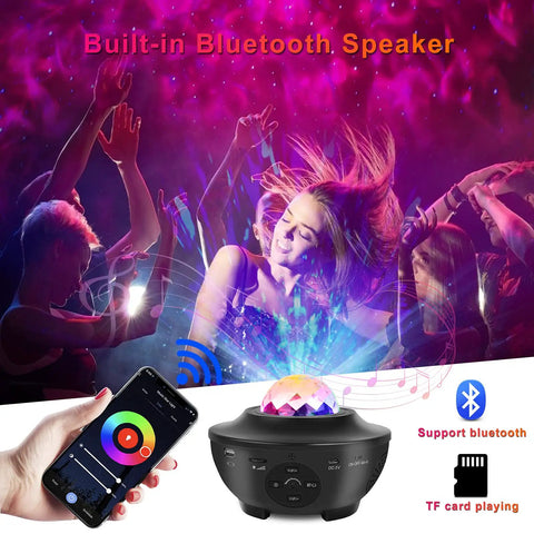 Awesome Star Projector Night Light For Kids With Alexa And Google Home Control showing galaxy effect and Bluetooth speaker feature