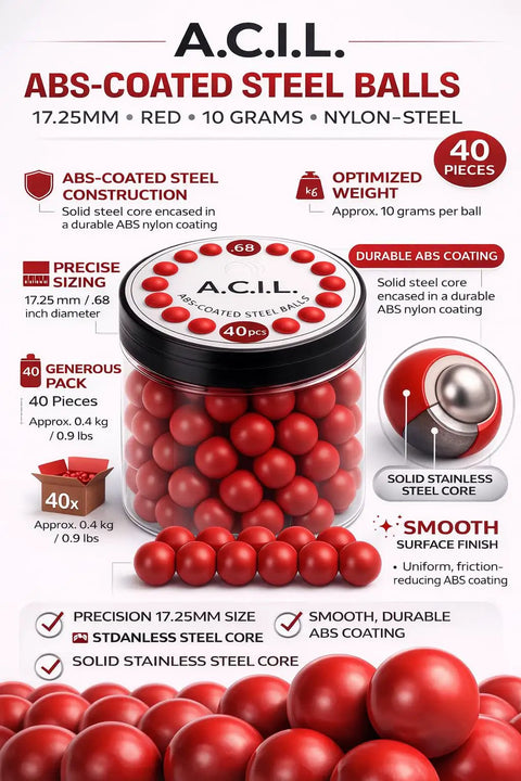 ABS Coated Steel Balls Set 17.25mm Red 10g Core With Nylon Steel Build, 0.68 Inch Precision Spheres, 40 Pack For Bearings, Hobby Machining, And High Durability In Tough DIY Projects.