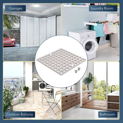 Built Tough Brushed Nickel Square Shower Drain Cover 3-7/8 Inches Wide in various settings like laundry room and balcony.