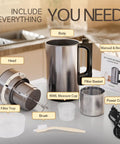 Components of 50oz Almond Milk Maker with Built In Strainer Filter, 304 Stainless Steel, showing parts and manual on the counter