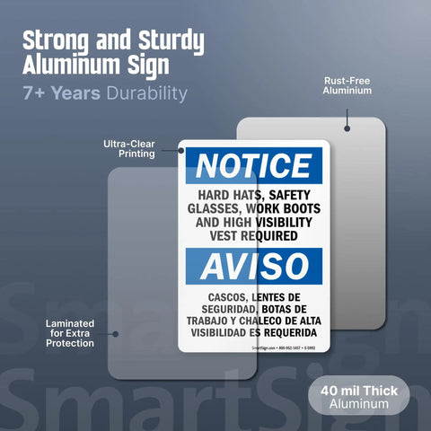 Must Have PPE Required Notice Sign 10x14 Aluminum Bilingual For Hard Hats Glasses Boots Vest Rustproof Weatherproof 40 Mil Sign With Four Mounting Holes For Easy Install Outdoor Use