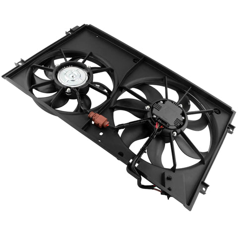 Heavy Duty Engine Radiator Dual Cooling Fan Assembly For Volkswagen Beetle Golf Jetta Passat Rabbit 2005 To 2013 with connectors and blades.