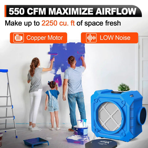 Beefed Up Industrial Air Scrubber With 3 Stage Filtration And HEPA Filter 550 CFM in a painted room