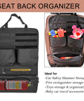 Backseat Organizer With Car Fire Extinguisher Storage And MOLLE Panel Back Seat Cover holding toys and a fire extinguisher.