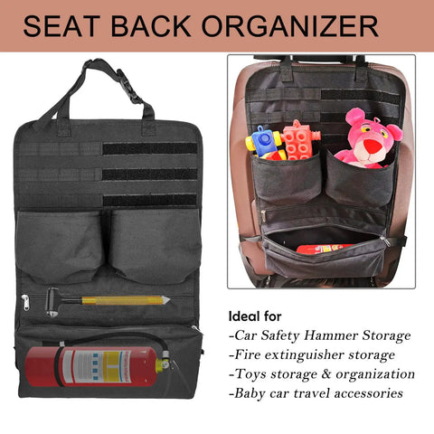 Backseat Organizer With Car Fire Extinguisher Storage And MOLLE Panel Back Seat Cover holding toys and a fire extinguisher.