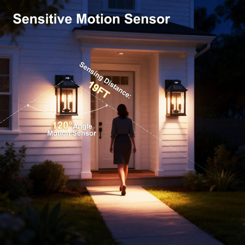 Super Bright Solar Porch Lights With Smart Motion Sensor Sconce Natch Kicks On, illuminating porch with a woman approaching door.