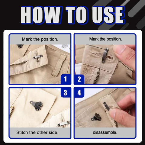 Instructional steps for using All In One Sewing Hooks And Eyes Kit With Sew On Snaps 152 Total Pairs In Four Colors on fabric.
