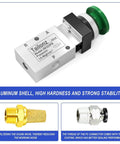 Green Mushroom Push Button Pneumatic Valve With Manual Control, 3 Way 2 Position, 1/4 NPT Ports, Aluminum Shell, Heavy Duty