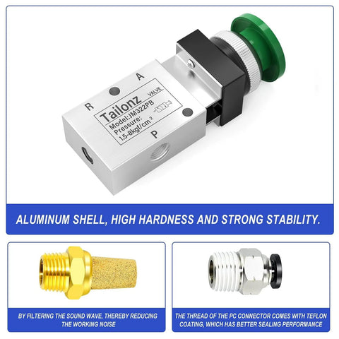 Green Mushroom Push Button Pneumatic Valve With Manual Control, 3 Way 2 Position, 1/4 NPT Ports, Aluminum Shell, Heavy Duty