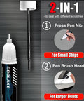Diagram of the Lexus Eminent White Pearl 085 Touch Up Paint Kit For Scratches showing 2-in-1 pen nib and brush head usage.