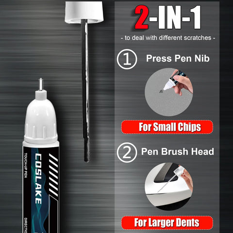Diagram of the Lexus Eminent White Pearl 085 Touch Up Paint Kit For Scratches showing 2-in-1 pen nib and brush head usage.
