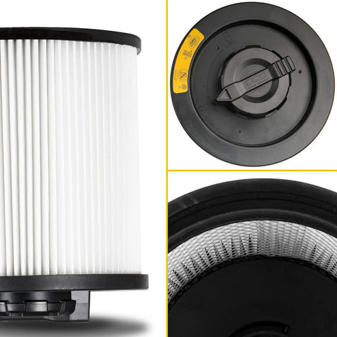 Beefed Up Vacuum Filter Replacement For DXV Series Shop Vacs close-up showing filter grooves and top latch in black