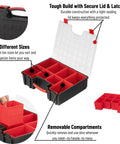 Heavy Duty 8 Bin Hardware Organizer With Removable Bins Portable Tool Box for nuts bolts screws nails and small parts clear locking lid.