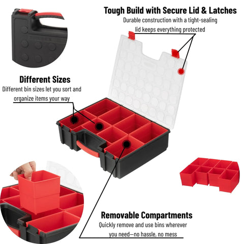 Heavy Duty 8 Bin Hardware Organizer With Removable Bins Portable Tool Box for nuts bolts screws nails and small parts clear locking lid.