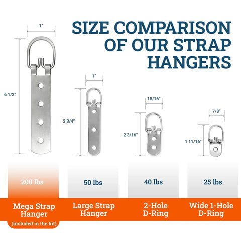 Size comparison of Beefy Heavy Duty D Ring Picture Hangers 2 Pack with 200 lb capacity, showing 6.5 inch steel strap hooks.