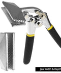 3 Inch Hand Seamer Sheet Metal Tool with Offset Design showing jaw width and depth for bending, stitching, and flattening metal sheets.