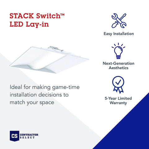 Boss 2x2 LED Troffer Light With Stack Switch Drop In Ceiling Fixture featuring easy installation icons and warranty badge