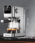Heavy Hitter 20 Bar Espresso Machine Featuring A Sleek Beige Finish Built In Frother For Silky Lattes Quick Cold Brew Option And Zero Hassle Daily Grind Routine on countertop brewing espresso.